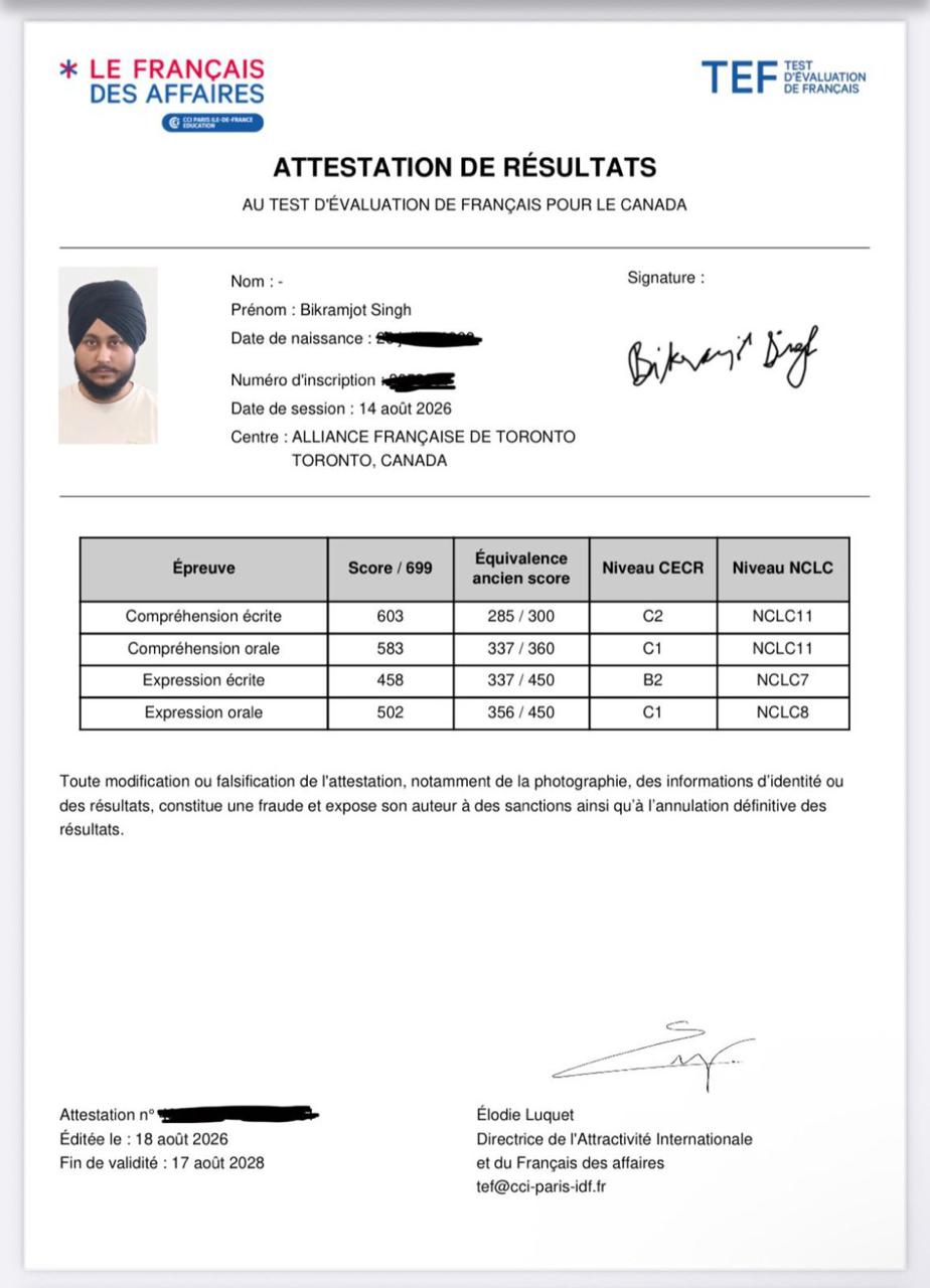 Bikramjot TEF Canada result certificate